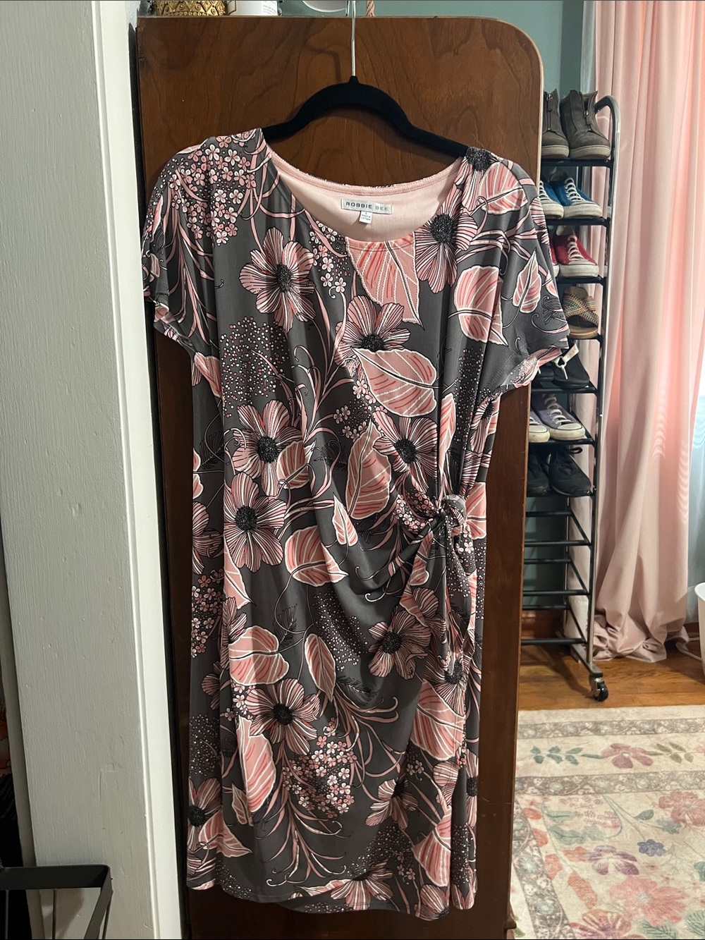 Robbie Bee Pink & Gray Floral Midi Dress with Side Knot